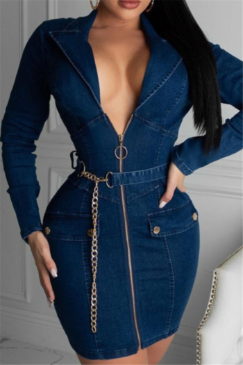 plus size lapel zip-up solid color autumn sexy tight slim denim dress (with belt)