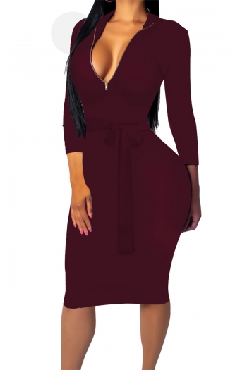 autumn three colors plus size zip-up solid color simple tight slim dress(with belt)