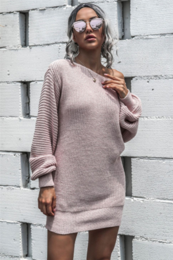 autumn four colors solid color casual lantern sleeve knitted sweater dress