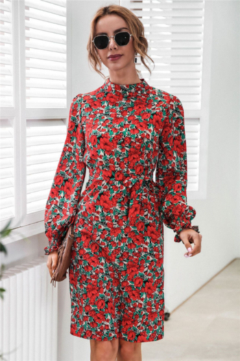 new style 3 colors floral batch printing lantern sleeve casual dress (with belt)