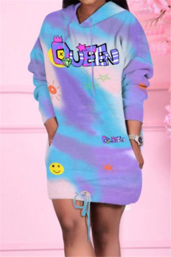 gradient color letters print stretch hooded lace-up stylish casual dress
