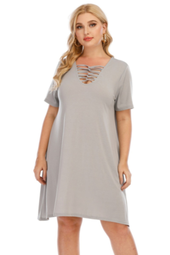 oversize solid color stretch v-neck hollow loose stylish dress