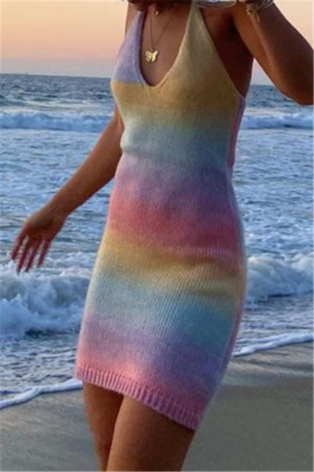 new gradient color knitted stretch halter-neck stylish mini dress
