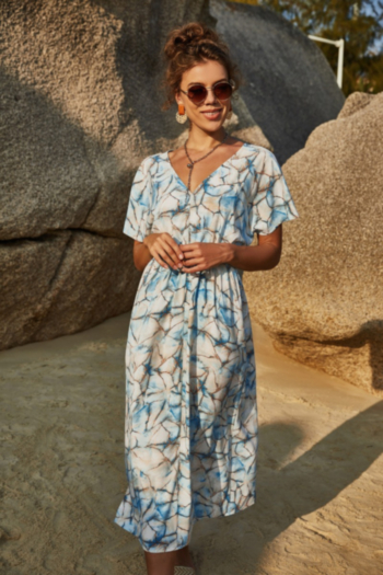 summer new batch print inelastic v-neck slit stylish bohemia beach dress