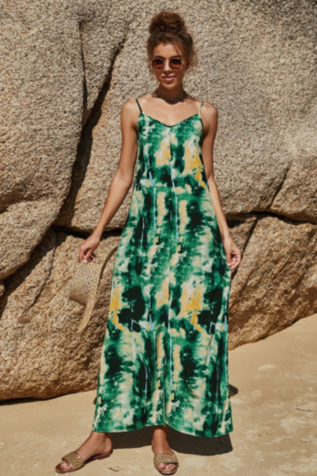 summer new tie-dye inelastic sling high slit stylish beach bohemia style dress