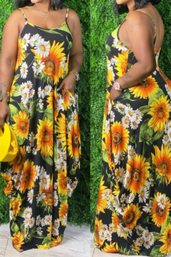 summer plus size sunflowers print stretch sling loose stylish casual dress