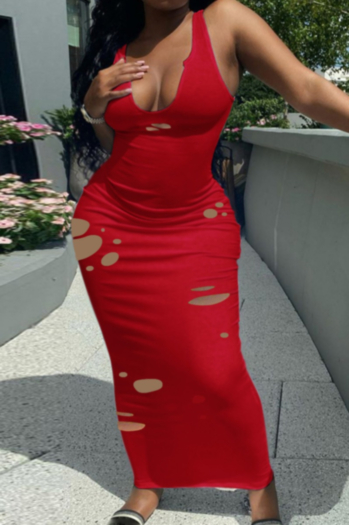 plus size solid color stretch low-cut holes sexy dress