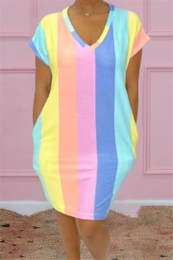 summer colorful streak printing stretch v-neck pockets stylish casual dress