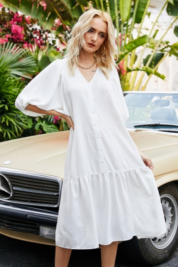 summer new solid color inelastic v-neck single-breasted stylish fresh dress
