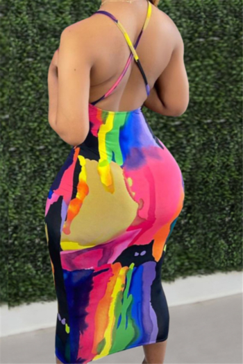 plus size multicolor batch printing stretch sling backless sexy dress