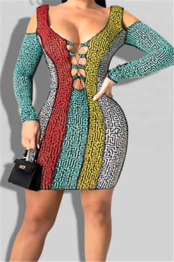 plus size multicolor geometric pattern printing stretch hollow lace-up sexy bodycon dress