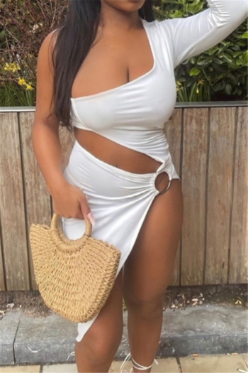 summer new solid color stretch one-shoulder metal rings connected irregular sexy dress