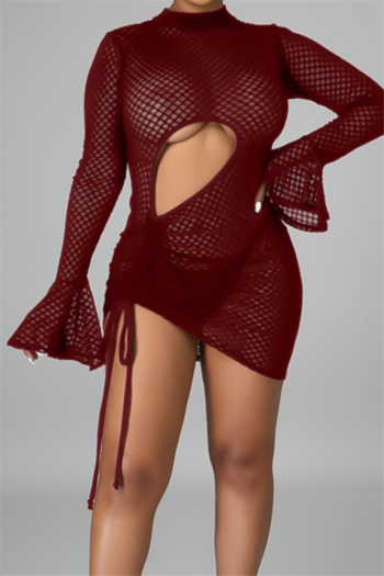 plus size see through mesh stretch bell-sleeve hollow drawstring back zip-up hot sexy dress (without lining)