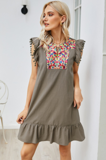 summer new three color inelastic fabric embroidered ruffle stylish dress