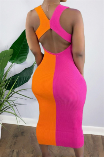 summer new contrast color ribbed fabric spliced stretch backless stylish midi dress