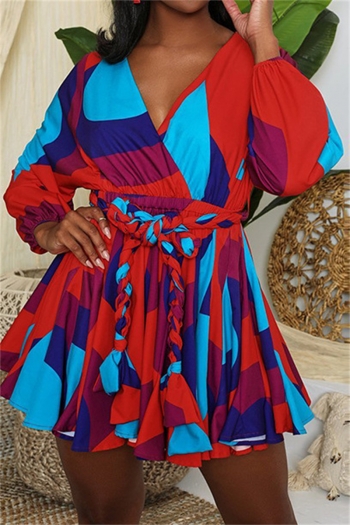 s-xl autumn winter batch colorblock printing inelastic v-neck lantern-sleeve stylish mini dress with woven belt