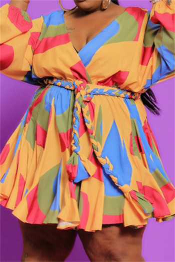 2xl-5xl autumn winter batch colorblock printing inelastic v-neck lantern-sleeve stylish mini dress with woven belt