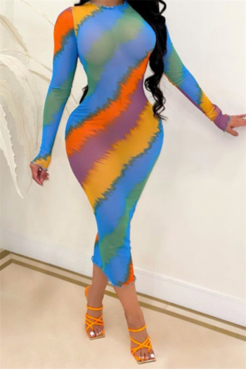 summer autumn new tie-dye see through mesh stretch sexy bodycon midi dress (without lining))