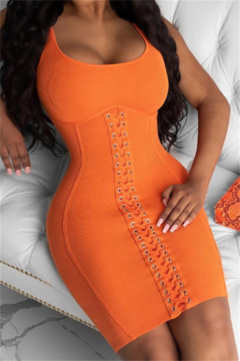 summer new plus size ribbed fabric stretch low-cut eyelets lace-up sexy bodycon mini dress