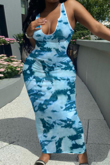 summer new plus size tie-dye ribbed fabric stretch low-cut sexy maxi dress