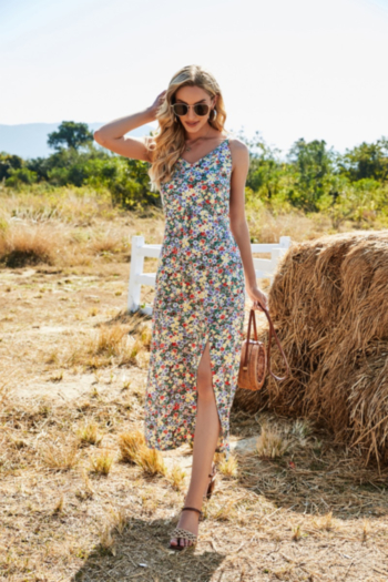 summer new stylish floral batch printing v-neck split beach dress