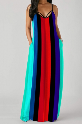 summer multicolor streak printing plus size v-neck loose maxi dress