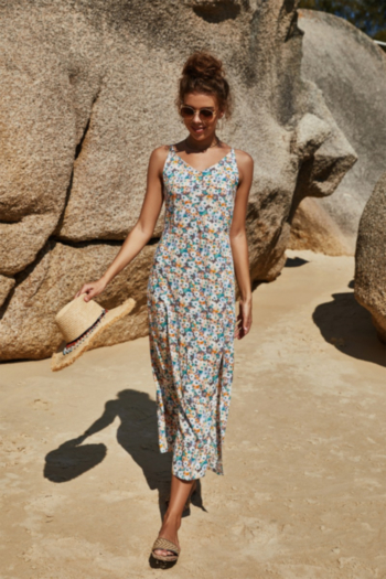summer new fashion floral batch printing sling split beach dress