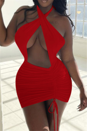 plus size summer solid color hollow out halter-neck sexy slim dress (new add colors)