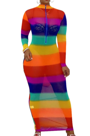 plus size multicolor batch printing mesh see through sexy slim dress