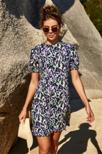 round neck leopard batch printing short sleeve casual stylish dress