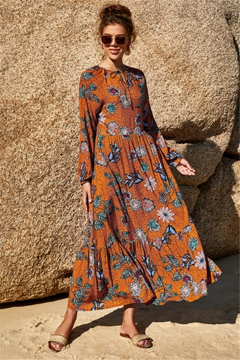 new stylish summer flowers batch printing long sleeve slim casual dress