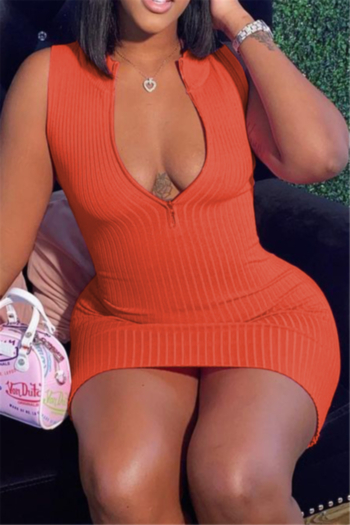 summer plus size solid color zip-up simple tight stretch slim mini dress
