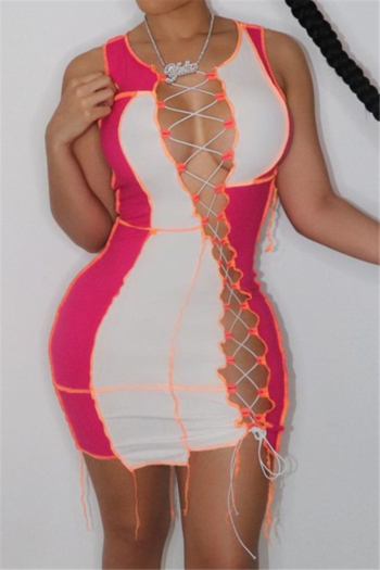 plus size 4 colors contrast color hollow lace-up sleeveless sexy slim tight mini dress