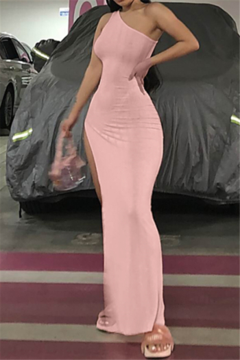 new stylish 3 colors solid color high elastic single shoulder sexy high split maxi dress