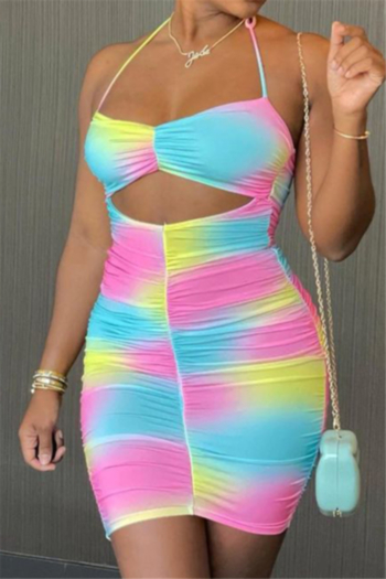 multicolor batch printing plus size hollow out halter neck sexy pleated slim dress