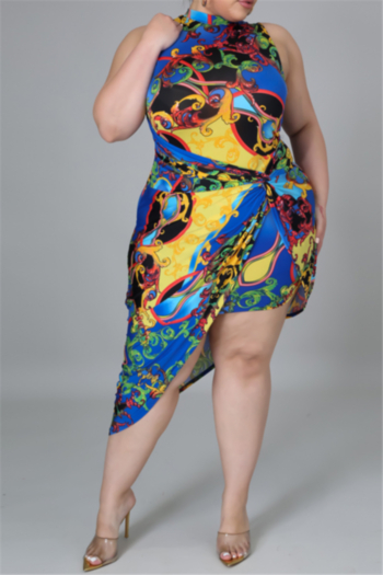 sleeveless new style plus size batch printing fashion summer irregular oversized dress