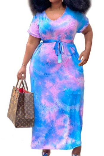 plus size new stylish summer multicolor batch printing loose casual maxi dress (with belt)