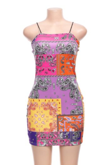 Plus size summer new stylish batch printing sling slim mini dress