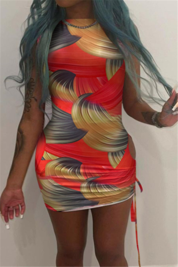 plus size summer multicolor batch printing sleeveless laced hollow out slim dress