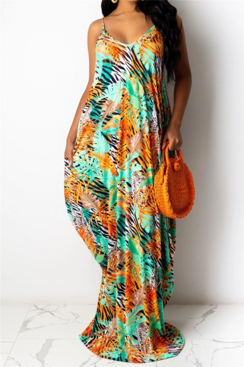 plus size new stylish multicolor batch printing sling v-neck loose maxi dress