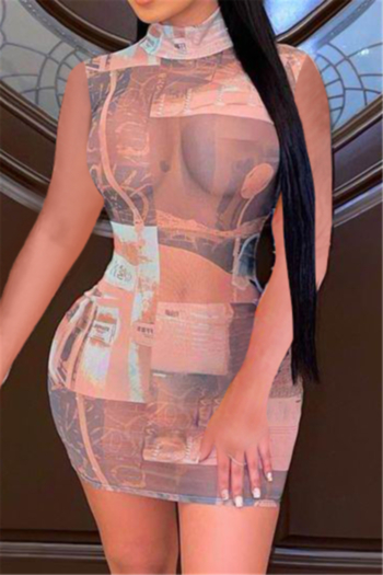 new stylish batch printing sleeveless mesh see through sexy high collar slim dress