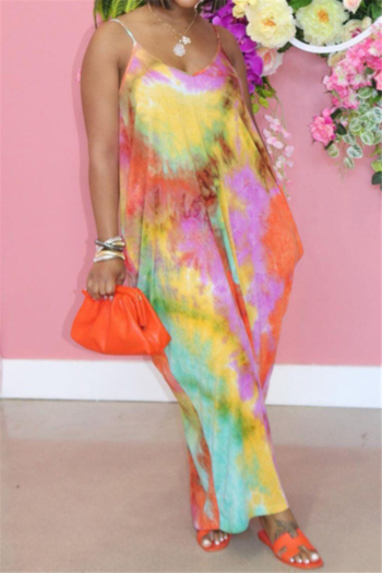 summer plus size tie-dye batch printing sling low cut fashion loose maxi dress