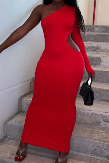 four colors new stylish long sleeve one shoulder thumb hole hollwo out slim maxi dress