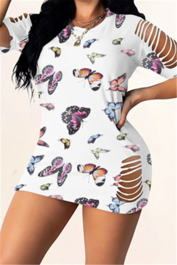 plus size new style butterflies batch printing ripped round neck tight slim dress