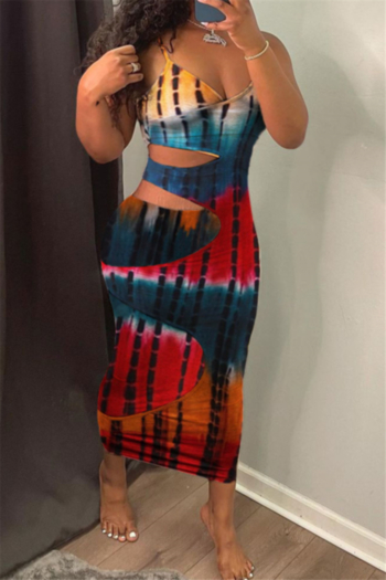 sexy multicolor batch printing fashion hollow out layer sling summer dress