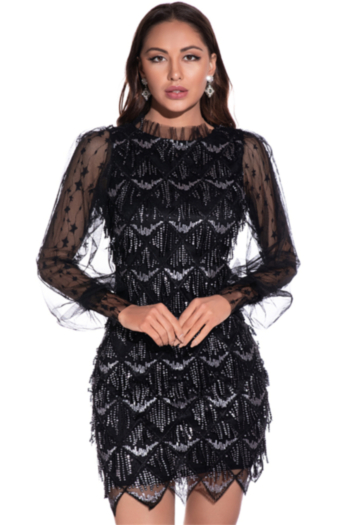 new style fringed embroidered sequin mesh stitching long-sleeve elegant evening dress