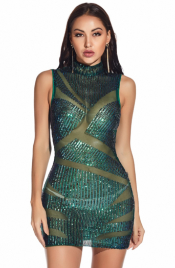 new style sexy sleeveless sequined embroidered stitching mesh stand-up collar evening dress