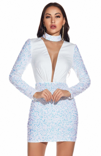 new mesh stitching sequin embroidered stand-up collar sexy fashion elegant evening dress