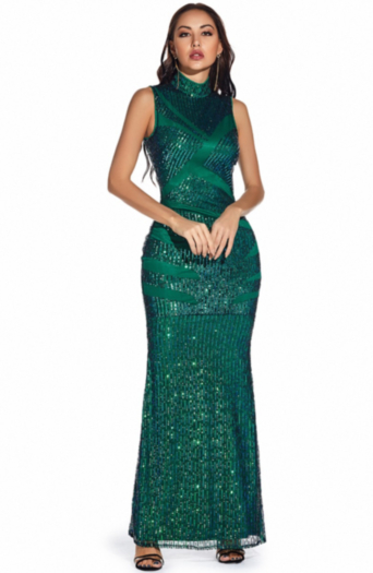 sleeveless new stylish sequin embroidered stitching mesh stand-up collar elegant gown