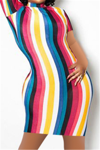 summer multicolor streak batch printing plus size half high collar slim dress